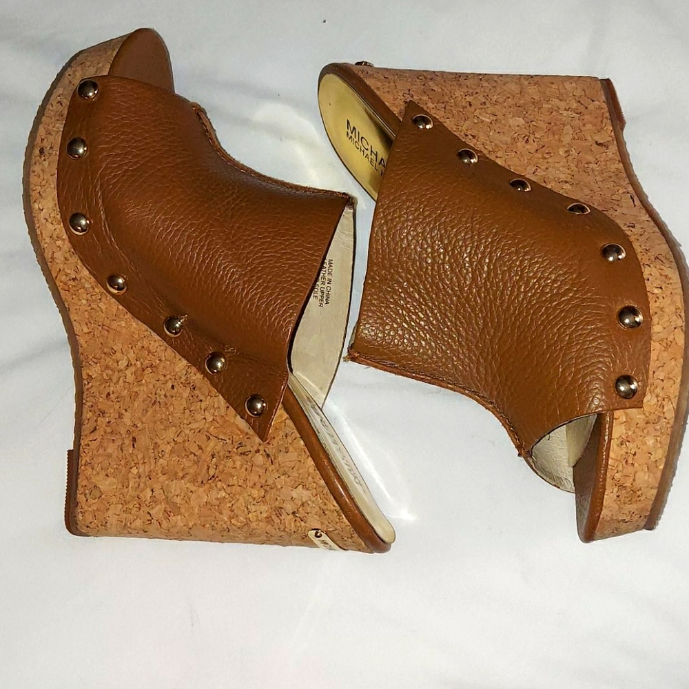 Tan leather cork Michael Kors wedges